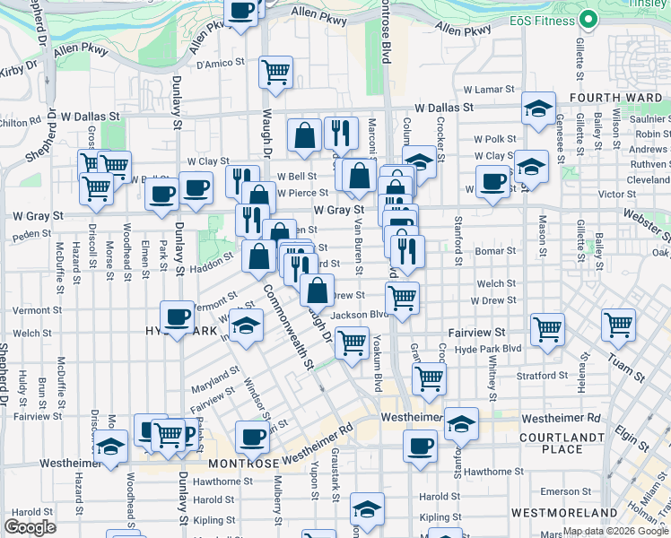 map of restaurants, bars, coffee shops, grocery stores, and more near 1307 Willard Street in Houston
