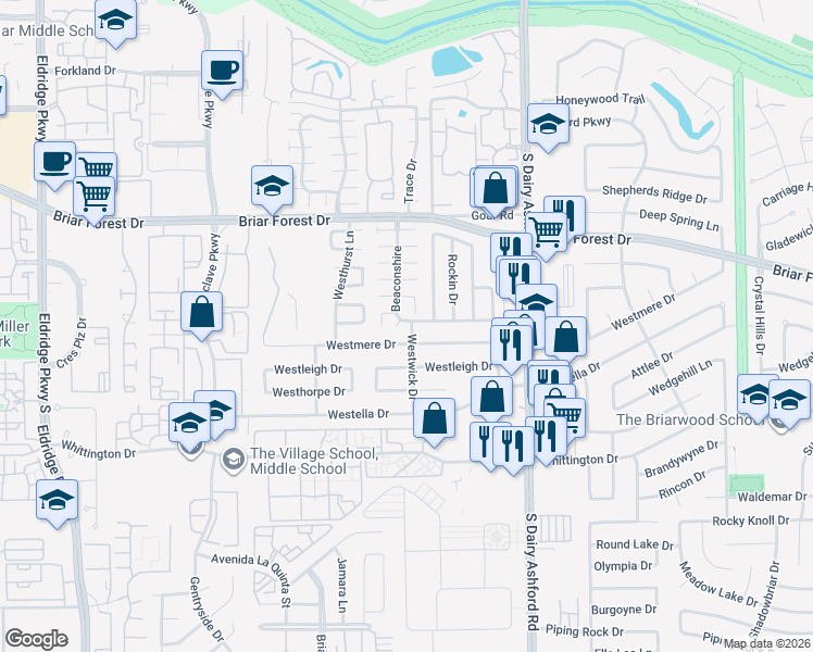 map of restaurants, bars, coffee shops, grocery stores, and more near 1672 Beaconshire in Houston