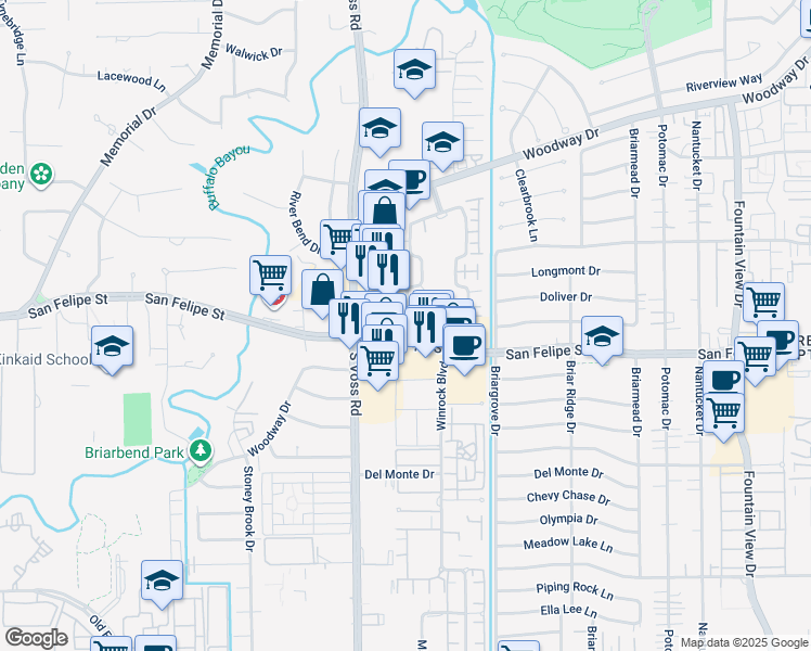 map of restaurants, bars, coffee shops, grocery stores, and more near 6464 San Felipe Street in Houston