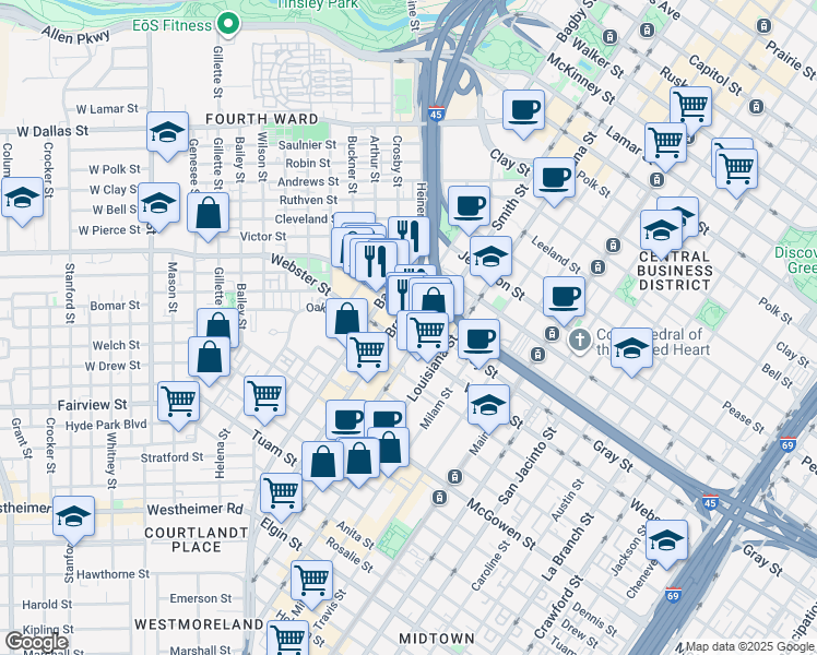 map of restaurants, bars, coffee shops, grocery stores, and more near 504 Gray Street in Houston