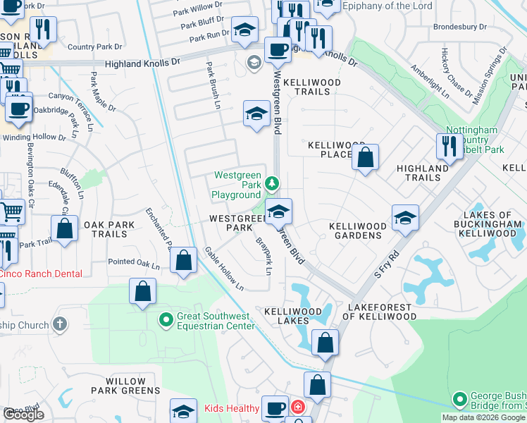 map of restaurants, bars, coffee shops, grocery stores, and more near 21215 Spring Bend Lane in Katy