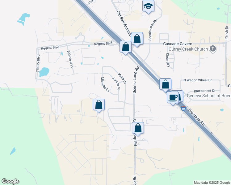 map of restaurants, bars, coffee shops, grocery stores, and more near 133 Jordan Place in Boerne