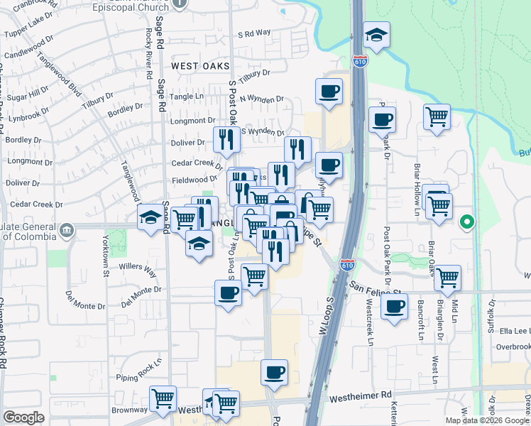map of restaurants, bars, coffee shops, grocery stores, and more near 1500 Post Oak Boulevard in Houston