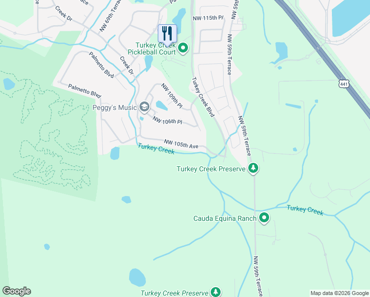 map of restaurants, bars, coffee shops, grocery stores, and more near 6303 Northwest 105th Avenue in Alachua