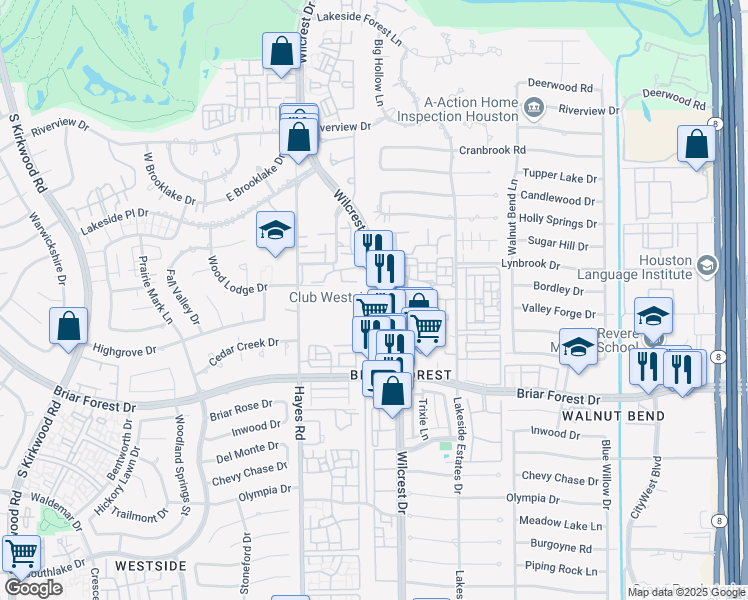 map of restaurants, bars, coffee shops, grocery stores, and more near 1100 Wilcrest Drive in Houston