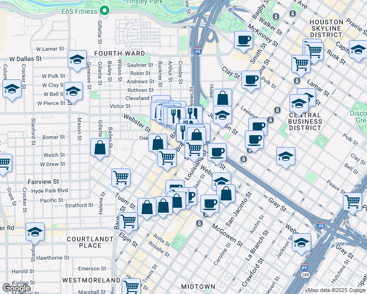 map of restaurants, bars, coffee shops, grocery stores, and more near 504 Gray Street in Houston