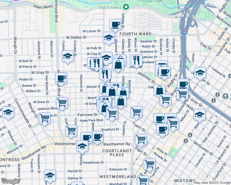 map of restaurants, bars, coffee shops, grocery stores, and more near 103 Willard Street in Houston