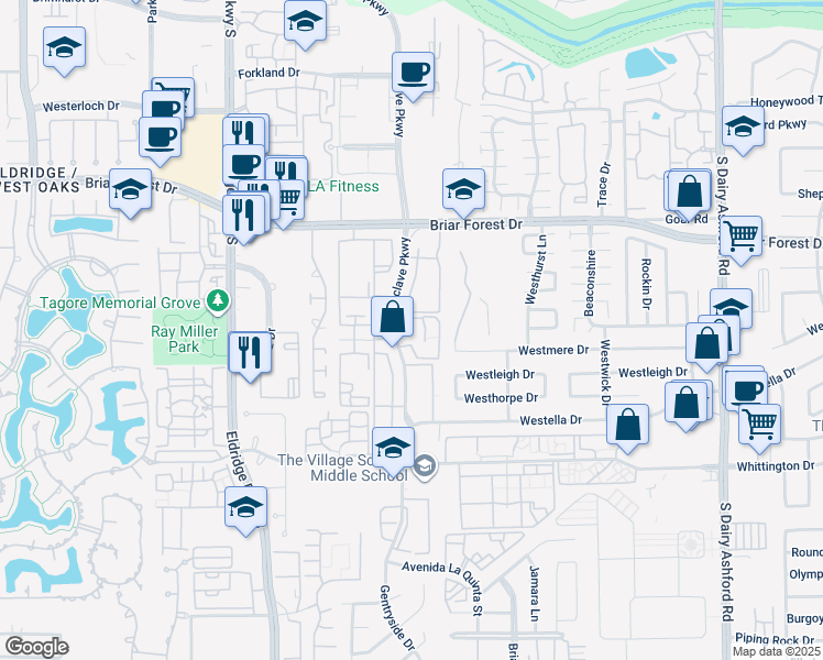 map of restaurants, bars, coffee shops, grocery stores, and more near 1715 Enclave Parkway in Houston