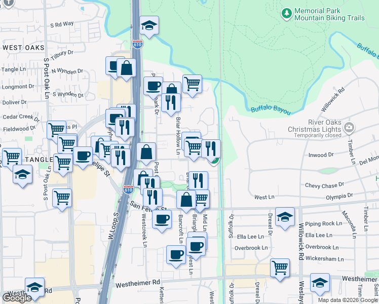 map of restaurants, bars, coffee shops, grocery stores, and more near 4552 Post Oak Place Drive in Houston