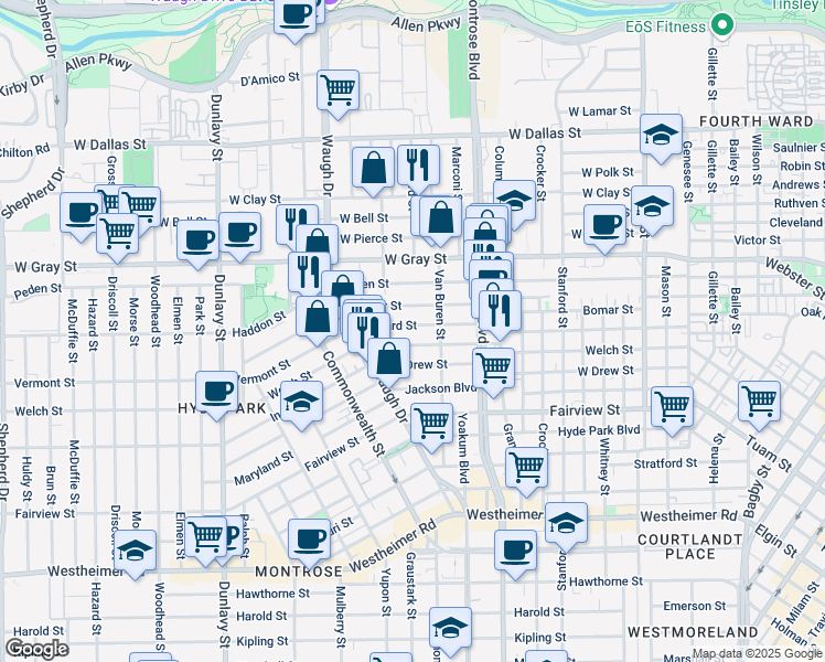 map of restaurants, bars, coffee shops, grocery stores, and more near 1307 Willard Street in Houston