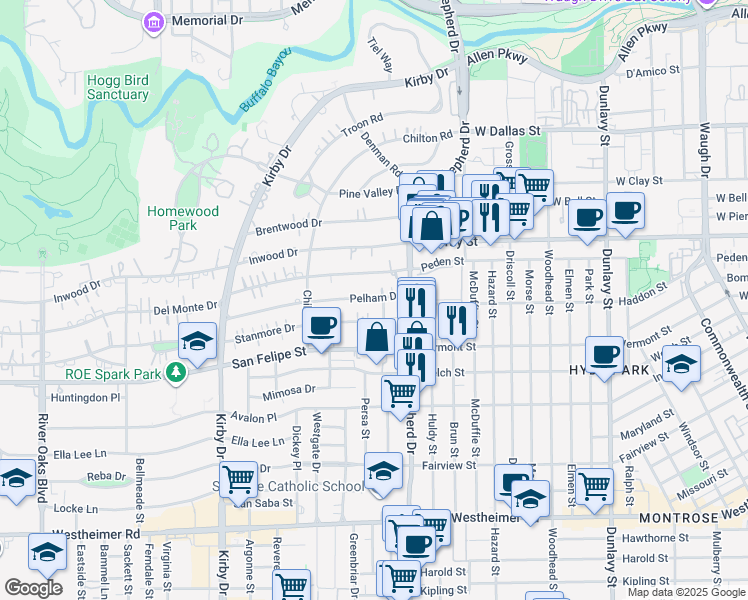 map of restaurants, bars, coffee shops, grocery stores, and more near in Houston