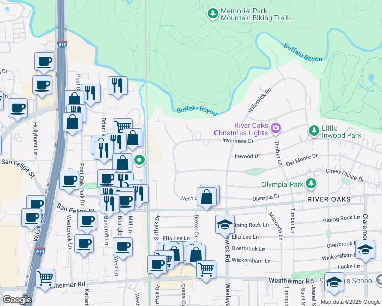 map of restaurants, bars, coffee shops, grocery stores, and more near 3985 Inverness Drive in Houston