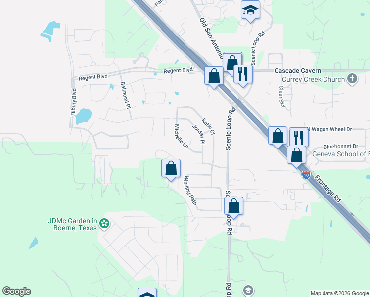 map of restaurants, bars, coffee shops, grocery stores, and more near 101 Bethany Way in Boerne