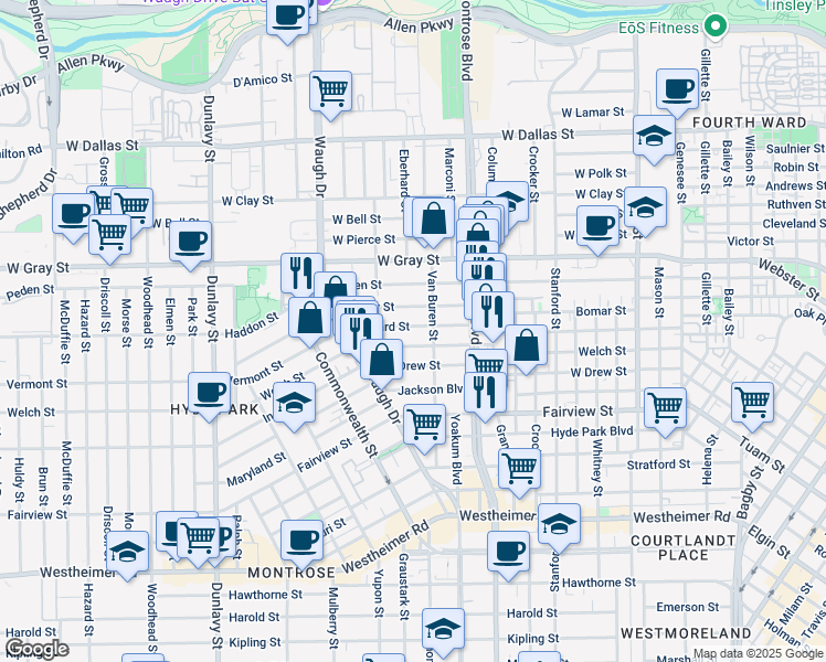 map of restaurants, bars, coffee shops, grocery stores, and more near 1203 Willard Street in Houston