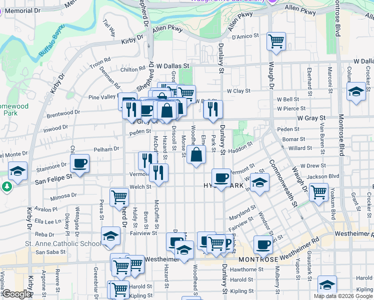 map of restaurants, bars, coffee shops, grocery stores, and more near 1954 Haddon Street in Houston