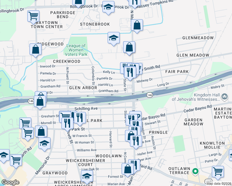 map of restaurants, bars, coffee shops, grocery stores, and more near 113 Grantham Road in Baytown