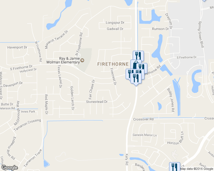 map of restaurants, bars, coffee shops, grocery stores, and more near 28223 Daystrom Lane in Katy
