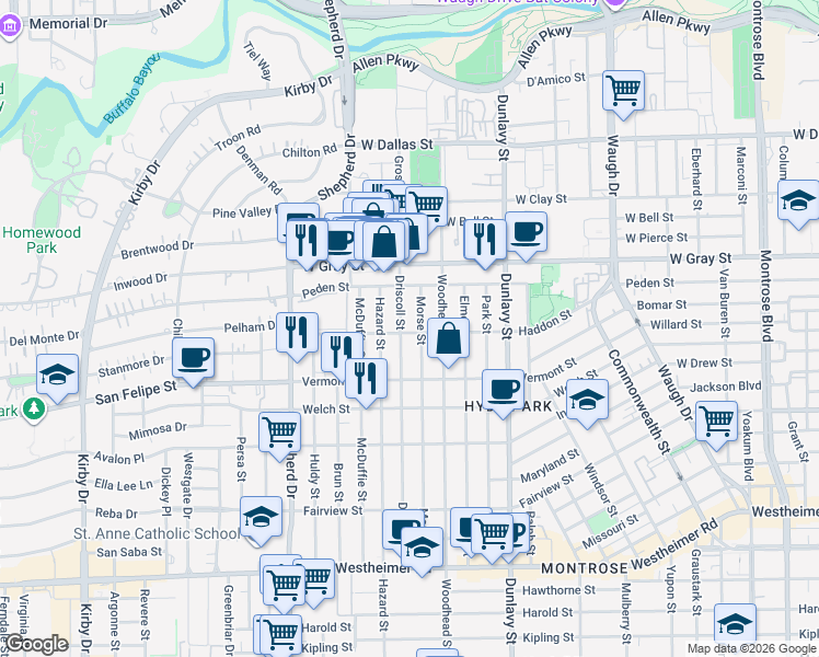 map of restaurants, bars, coffee shops, grocery stores, and more near 1954 Haddon Street in Houston