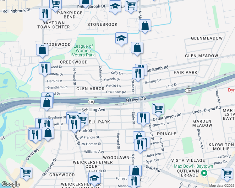 map of restaurants, bars, coffee shops, grocery stores, and more near 205 Grantham Road in Baytown