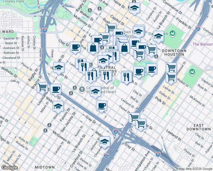 map of restaurants, bars, coffee shops, grocery stores, and more near 1301 Leeland Street in Houston