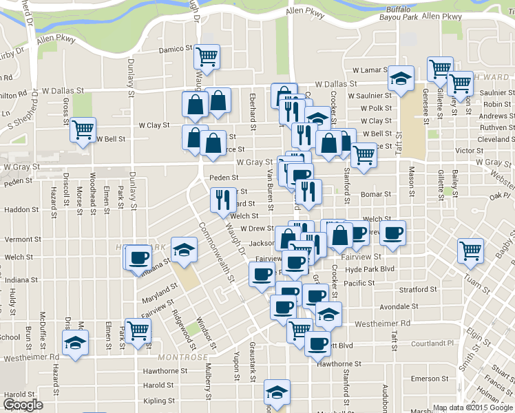map of restaurants, bars, coffee shops, grocery stores, and more near 1203 Willard Street in Houston
