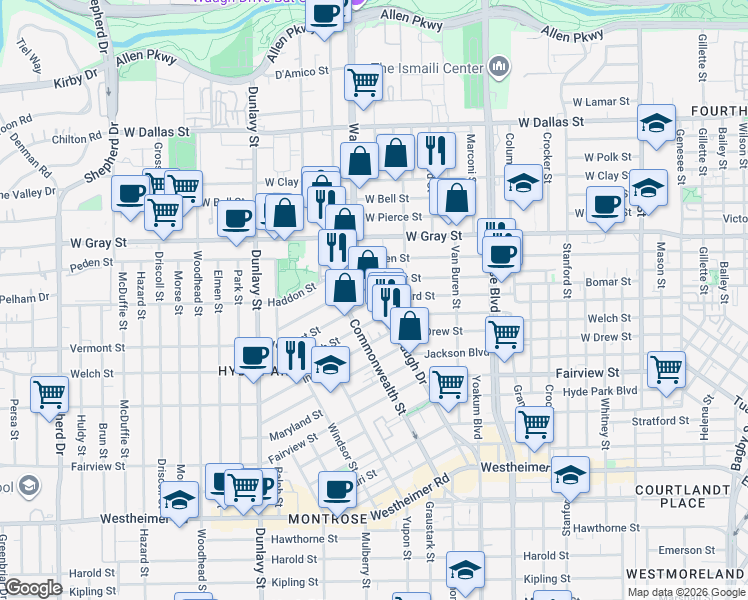 map of restaurants, bars, coffee shops, grocery stores, and more near 1823 Waugh Drive in Houston
