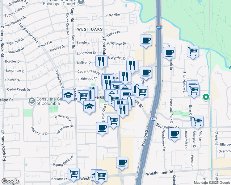 map of restaurants, bars, coffee shops, grocery stores, and more near 1650 Post Oak Boulevard in Houston