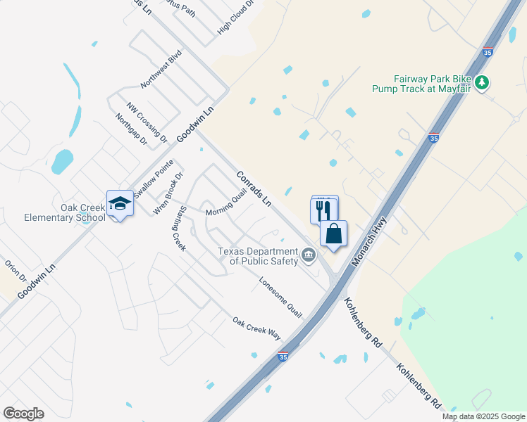 map of restaurants, bars, coffee shops, grocery stores, and more near 3345 Bluebird Ridge Drive in New Braunfels