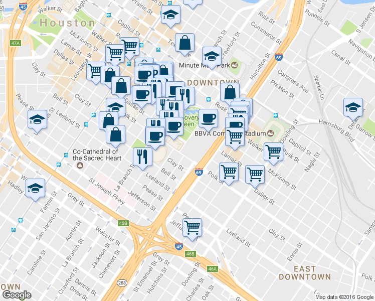 map of restaurants, bars, coffee shops, grocery stores, and more near 1298 Chenevert St in Houston