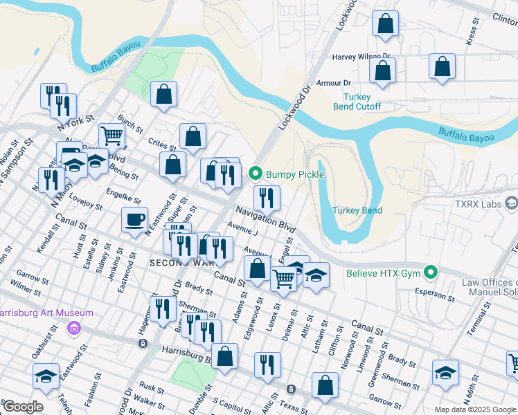 map of restaurants, bars, coffee shops, grocery stores, and more near 4905 Navigation Boulevard in Houston