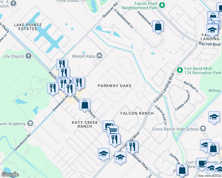 map of restaurants, bars, coffee shops, grocery stores, and more near 25226 Sterling Cloud Ln in Katy