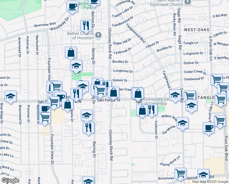 map of restaurants, bars, coffee shops, grocery stores, and more near 5673 Cedar Creek Drive in Houston
