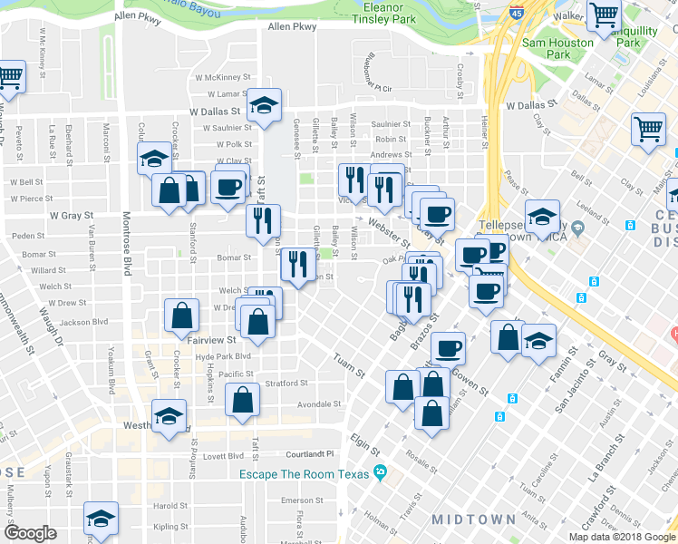 map of restaurants, bars, coffee shops, grocery stores, and more near 1923 Bailey Street in Houston