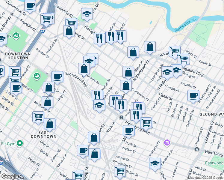 map of restaurants, bars, coffee shops, grocery stores, and more near 215 Velasco Street in Houston