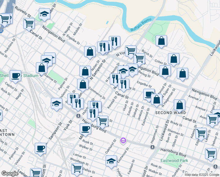 map of restaurants, bars, coffee shops, grocery stores, and more near 118 Everton Street in Houston