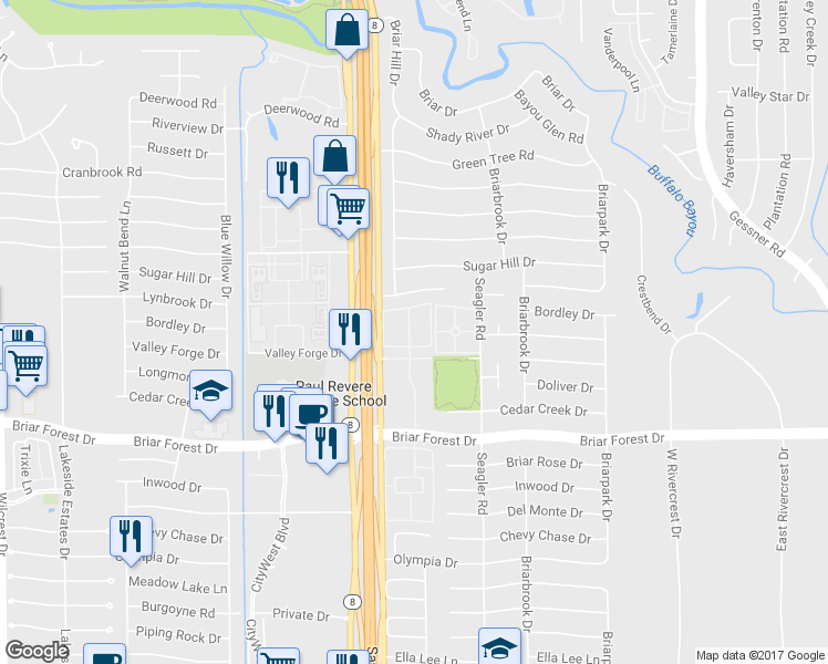 map of restaurants, bars, coffee shops, grocery stores, and more near 10258 Longmont Drive in Houston