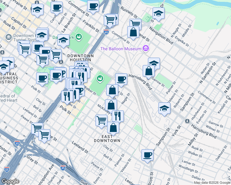 map of restaurants, bars, coffee shops, grocery stores, and more near 713 Saint Charles Street in Houston