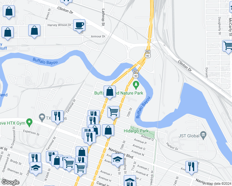 map of restaurants, bars, coffee shops, grocery stores, and more near 6821 Avenue V in Houston