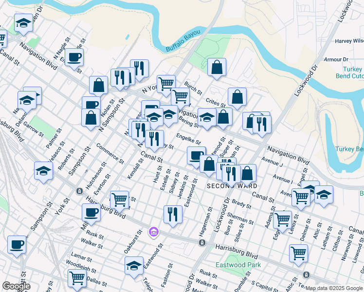 map of restaurants, bars, coffee shops, grocery stores, and more near 210 North Estelle Street in Houston