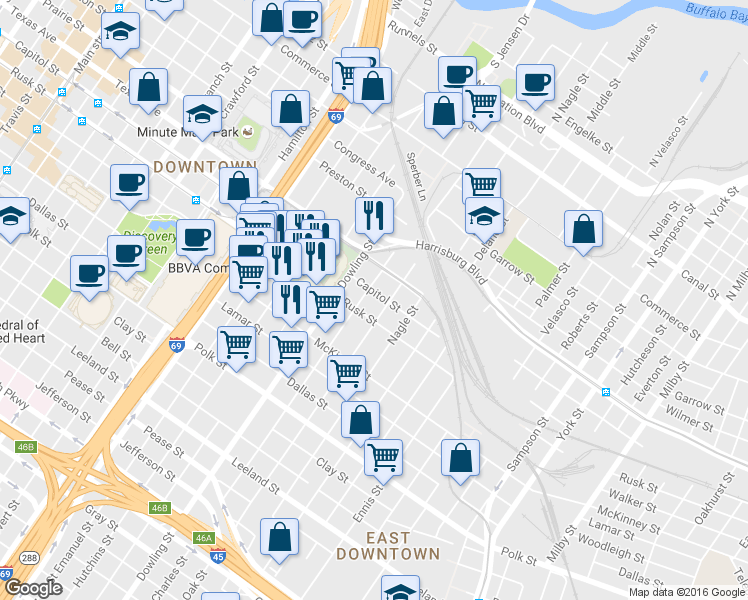 map of restaurants, bars, coffee shops, grocery stores, and more near 713 Saint Charles Street in Houston