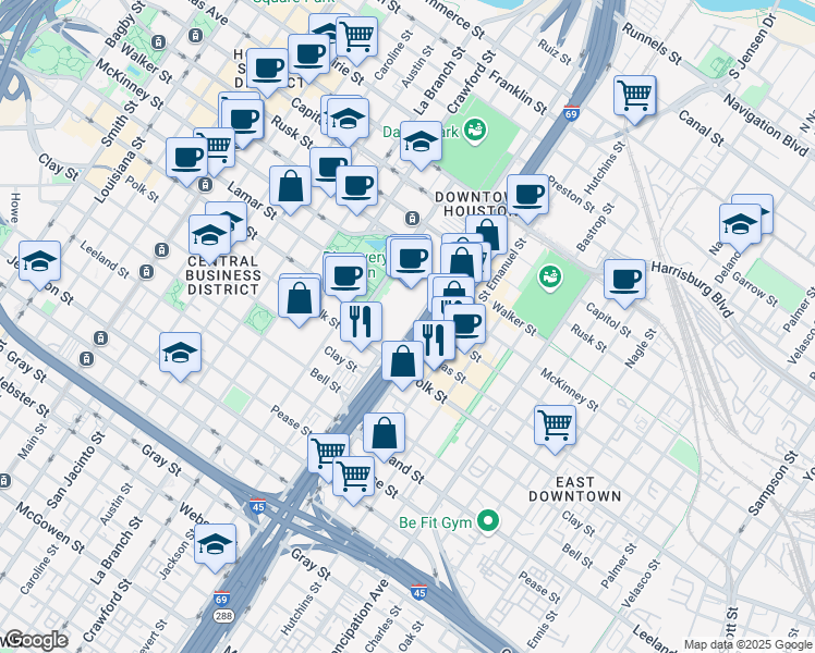 map of restaurants, bars, coffee shops, grocery stores, and more near 1001 Avenida De Las Americas in Houston