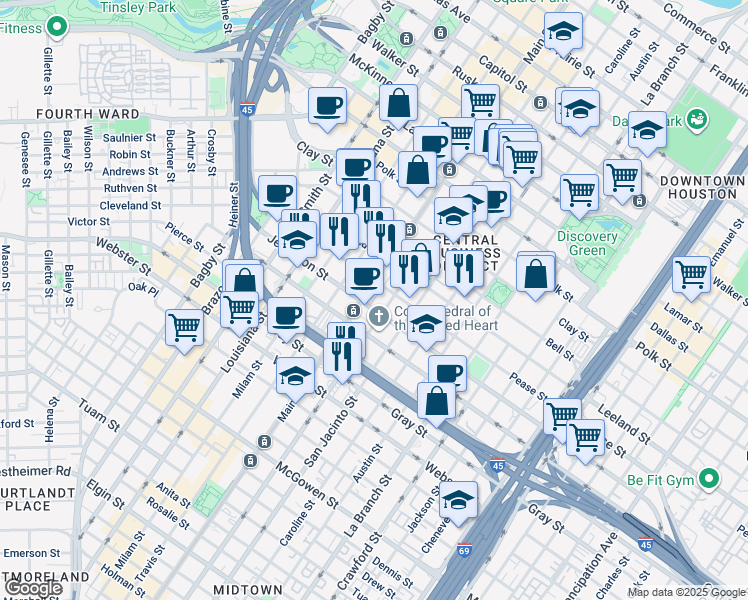 map of restaurants, bars, coffee shops, grocery stores, and more near 1706 Fannin Street in Houston