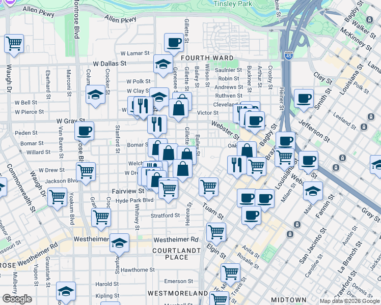 map of restaurants, bars, coffee shops, grocery stores, and more near 7ST Stone Brook Lane in Houston