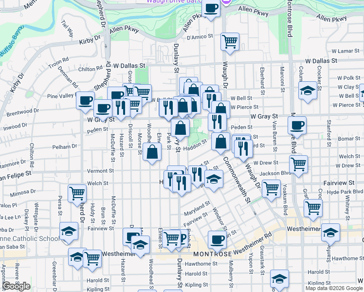map of restaurants, bars, coffee shops, grocery stores, and more near 1620 Ridgewood Street in Houston
