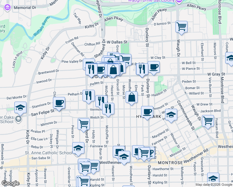 map of restaurants, bars, coffee shops, grocery stores, and more near 1954 Haddon Street in Houston