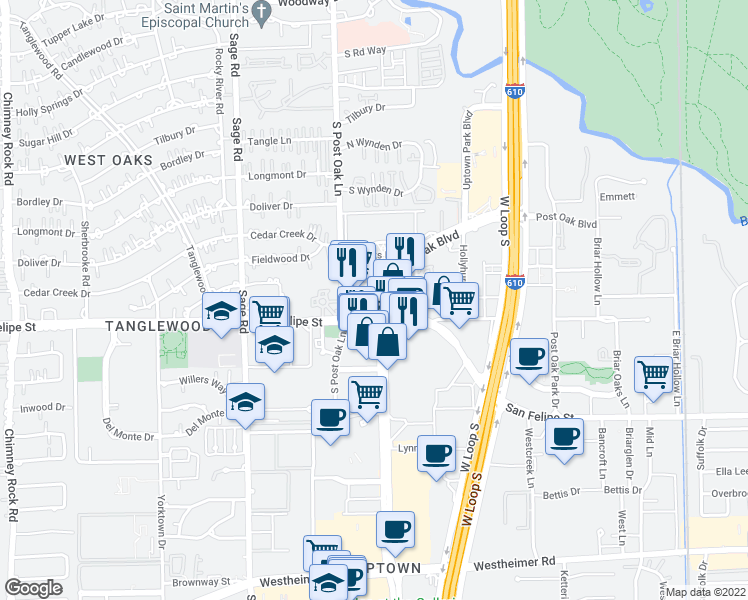 map of restaurants, bars, coffee shops, grocery stores, and more near 1650 Post Oak Boulevard in Houston