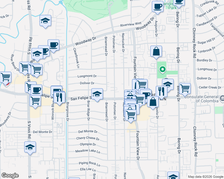 map of restaurants, bars, coffee shops, grocery stores, and more near 1605a Potomac Drive in Houston