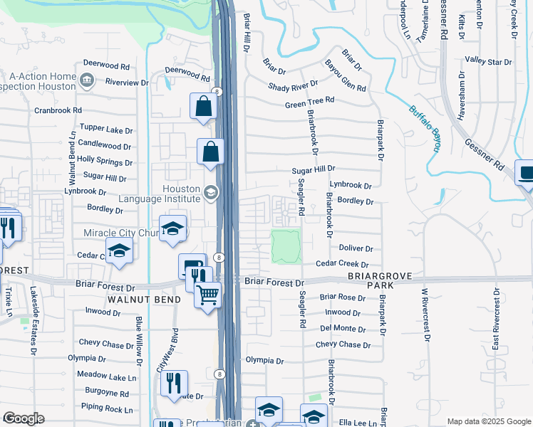 map of restaurants, bars, coffee shops, grocery stores, and more near 10258 Longmont Drive in Houston