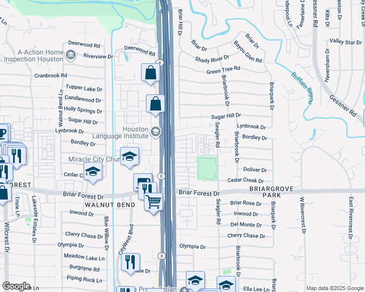 map of restaurants, bars, coffee shops, grocery stores, and more near 10258 Longmont Drive in Houston