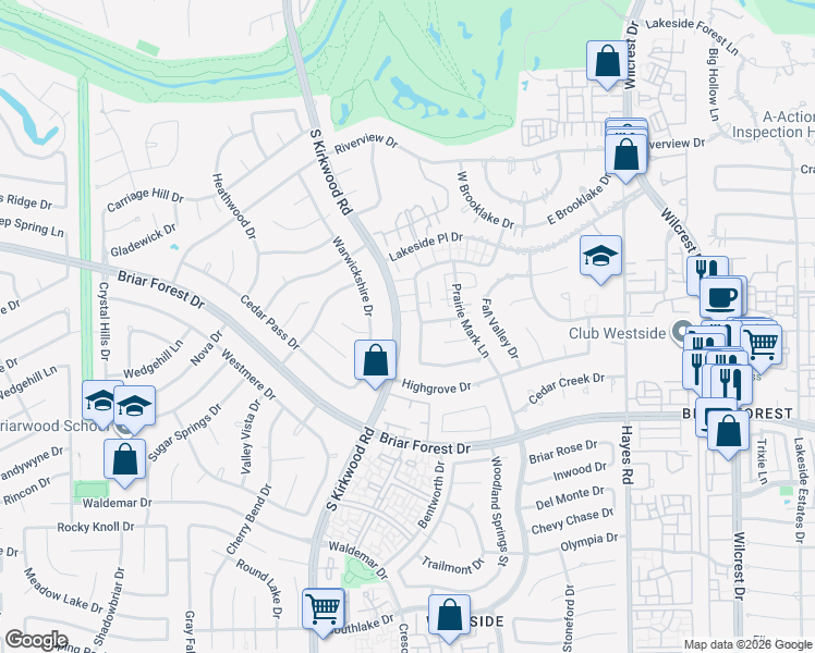 map of restaurants, bars, coffee shops, grocery stores, and more near 1706 Prairie Grove Drive in Houston